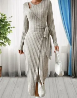 Women Long Sleeve Bodycon Dress With Bow Tie At Waist -Women Fashion Shop cf5d0ce7cf8d88aa