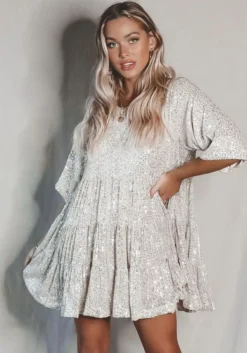 Fashion Sequin Round Neck Short Sleeve Big Swing Cute Dress -Women Fashion Shop cfa9c51c1c210ec5