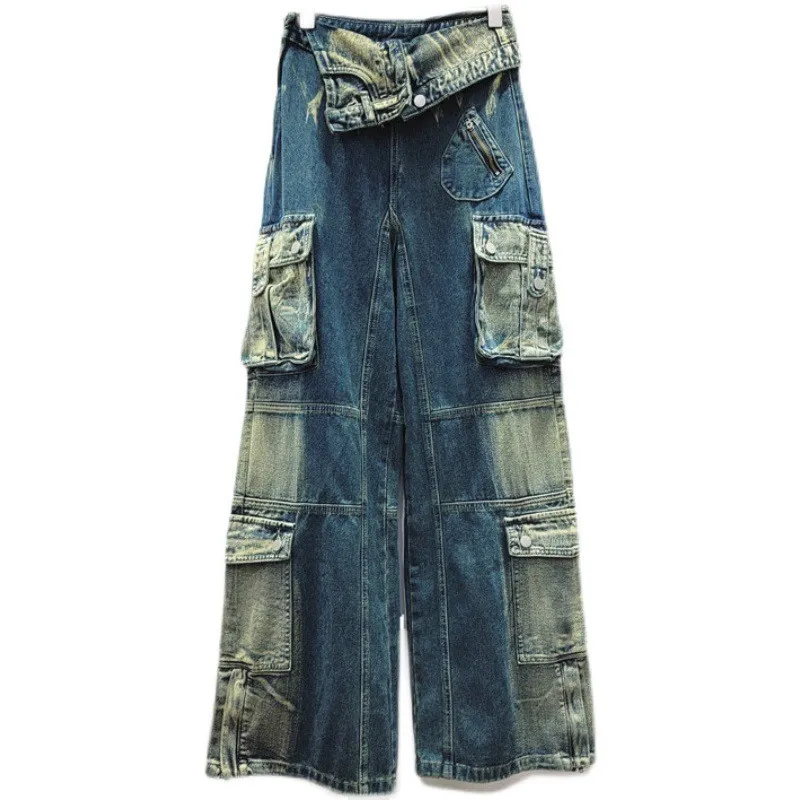 Spring Trendy High Waist Style Pocket Cargo Denim Straight Pants Women's Loose Slim Fit Wide Leg Trousers 8 Spring Trendy High Waist Style Pocket Cargo Denim Straight Pants Women's Loose Slim Fit Wide Leg Trousers - Image 6