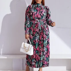Plus Size Women'S Fall Winter Long Sleeve Printed Pleated Belt Maxi Dress -Women Fashion Shop cfeb0d3a34183c95