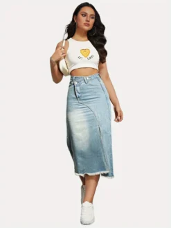 Autumn Women's Fashion Slit Patchwork Retro Denim Skirt -Women Fashion Shop d01df83f24dc56f2