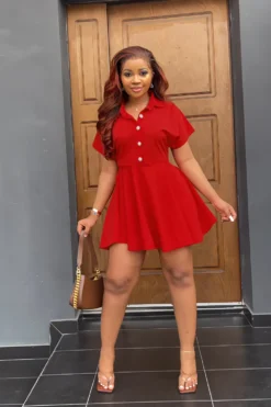 Polo Collar Button Up High Waist A-line Summer Short-sleeved Dress -Women Fashion Shop d1c282eeeb51d570