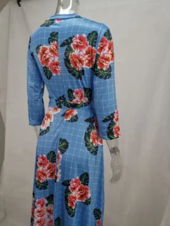 Autumn Three Quarter Sleeve Floral Printed Women's V Neck Maxi Dress -Women Fashion Shop d1e1ebbb83e25e3e