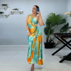 Women Printed Slash Shoulder Pleated Dress -Women Fashion Shop d2c7e89c635feff9