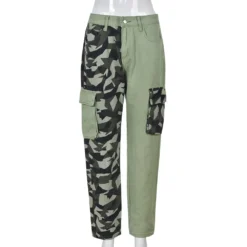 Women Camouflage Print Contrast Style Patch Pocket Denim Straight Leg Pants -Women Fashion Shop d39f037bf630bbbd