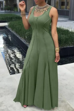 Women's Spring Summer Solid Color Sleeveless U-Neck Swing Women's Dress -Women Fashion Shop d40cf9995bc530c5