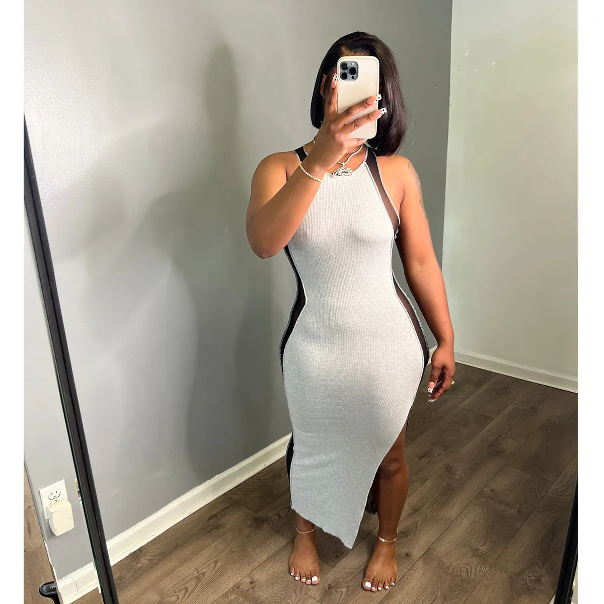 Women's Ribbed Patchwork Mesh Sleeveless Long Dress 7 Women's Ribbed Patchwork Mesh Sleeveless Long Dress - Image 5