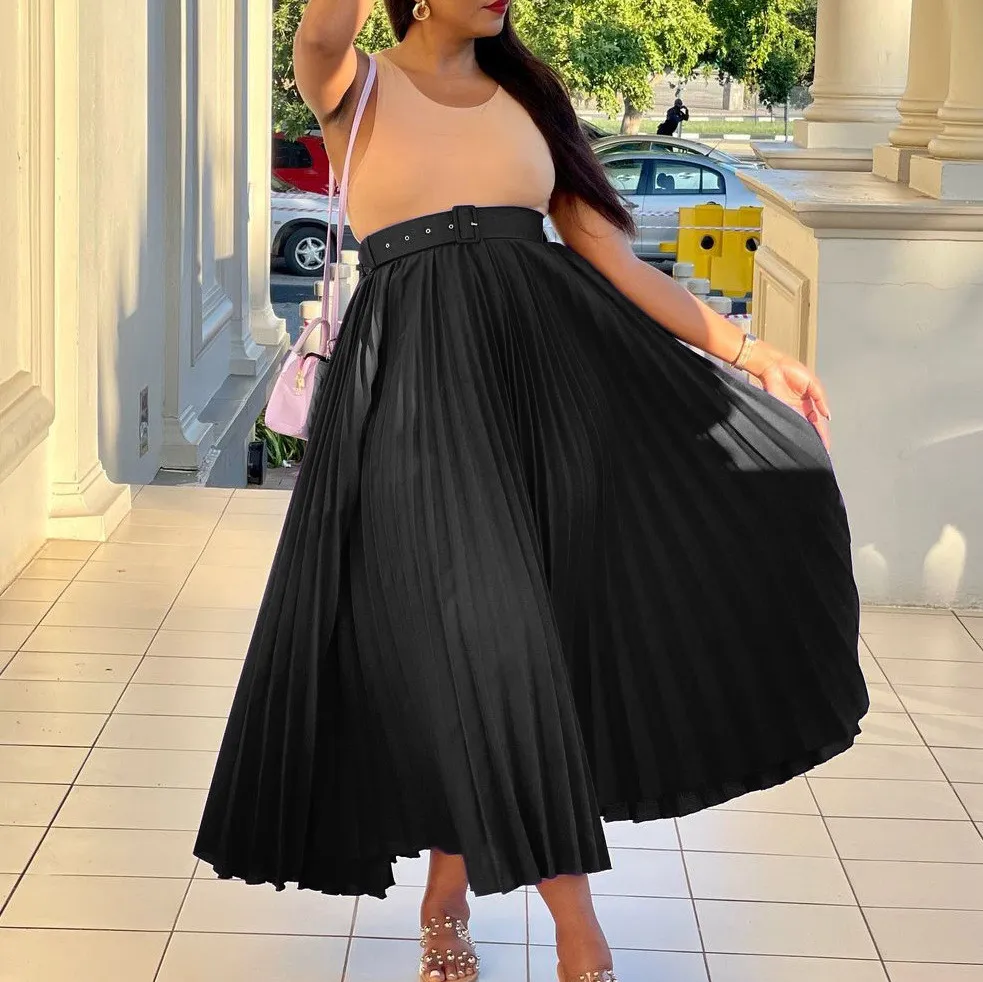 Women High Waist Pleated Belted Skirt 22 Women High Waist Pleated Belted Skirt - Image 20