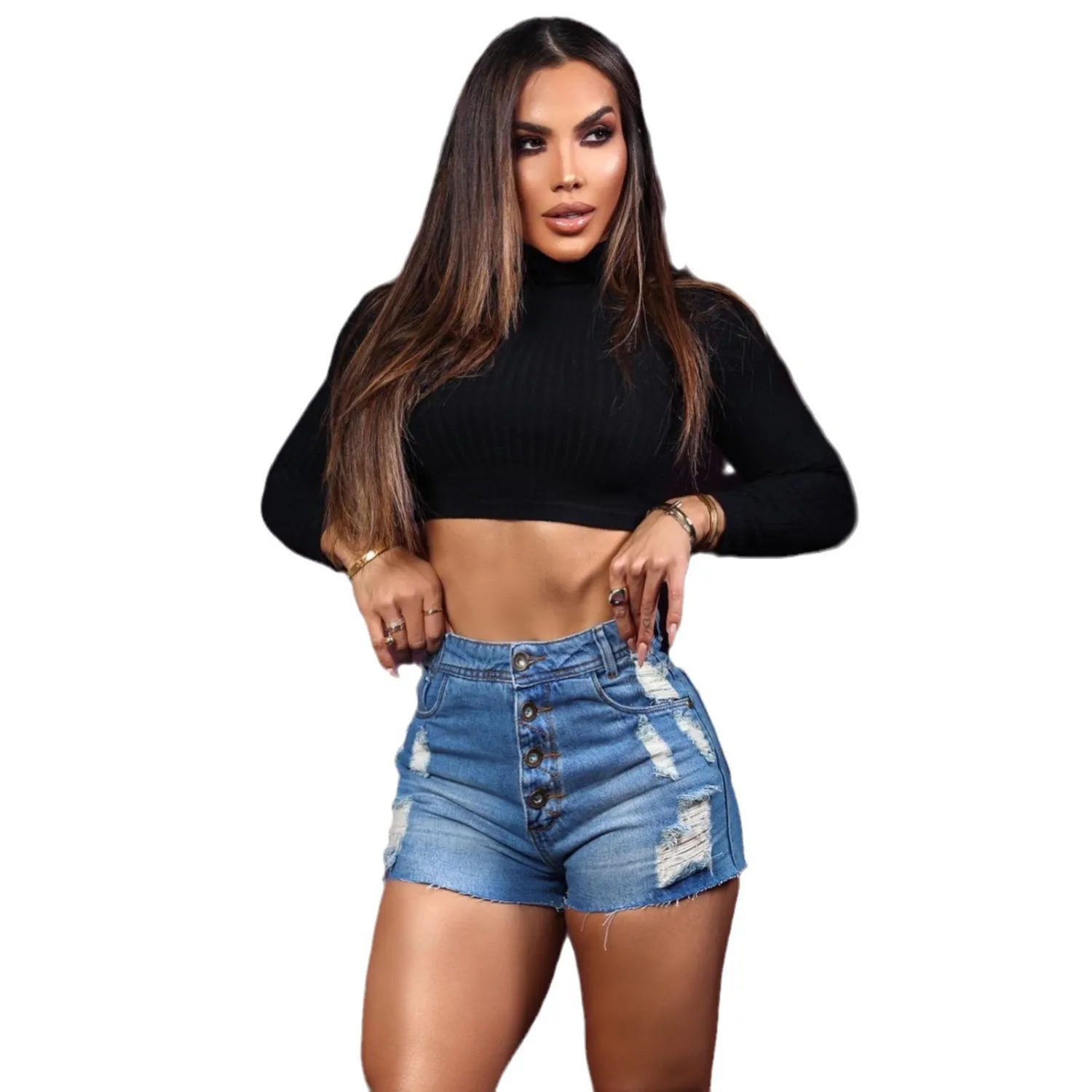 Single Breasted Slim Fit Ripped Women's High Waist Denim Shorts 7 Single Breasted Slim Fit Ripped Women's High Waist Denim Shorts - Image 5