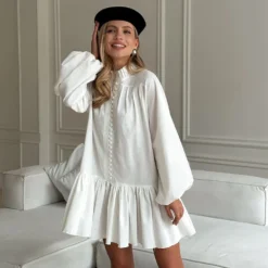 Women's Early Autumn Retro Print Puff Sleeve Slim Waist Belt Short Dress -Women Fashion Shop d51b6c24818753a1