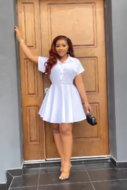 Polo Collar Button Up High Waist A-line Summer Short-sleeved Dress -Women Fashion Shop d530e9ccec003222