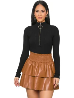 Ladies Fashion Sexy Pu Leather Pleated Double Layer Puffed Skirt -Women Fashion Shop d61119f2754871ff
