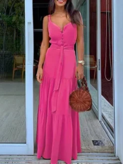 Women'S Slim Waist Solid Strap Maxi Dress -Women Fashion Shop d74e14b2d0ebda57