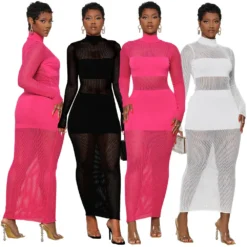 Women's Sexy Solid Mesh Patchwork Long Sleeve Dress -Women Fashion Shop d7fd9320b575cd6c