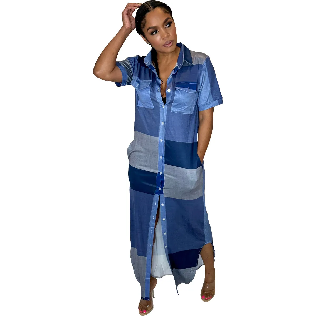 Women's Contrast Plaid Slit Button-Down Turndown Collar Shirt Dress 6 Women's Contrast Plaid Slit Button-Down Turndown Collar Shirt Dress - Image 4