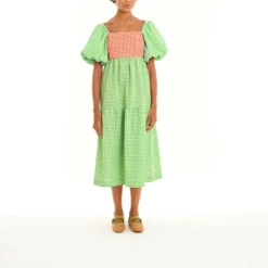 Women Color Block Backless Strappy Balloon Sleeve Dress -Women Fashion Shop d8293cfcda3bbc35