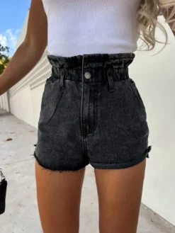 Women's Vintage High Waist Ruffle Elastic Waist Denim Shorts -Women Fashion Shop d829f24273dab7a4
