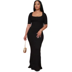 Formal Party Solid Color Square Collar A-line High Waist Slim Short-sleeved Mermaid Dress -Women Fashion Shop d830f6e5ff8ba057