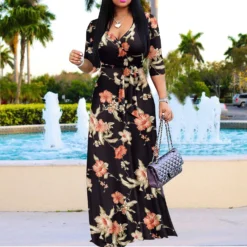 Casual Fashionable Flower Print V-Neck Half-Sleeve Swing Long Dress -Women Fashion Shop d856d37793be982f