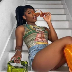 Summer Women's Round Neck Sleeveless Contrasting Color Printing Slim Fit Crop Vest For Women -Women Fashion Shop d8a1998ce4a4f8b0