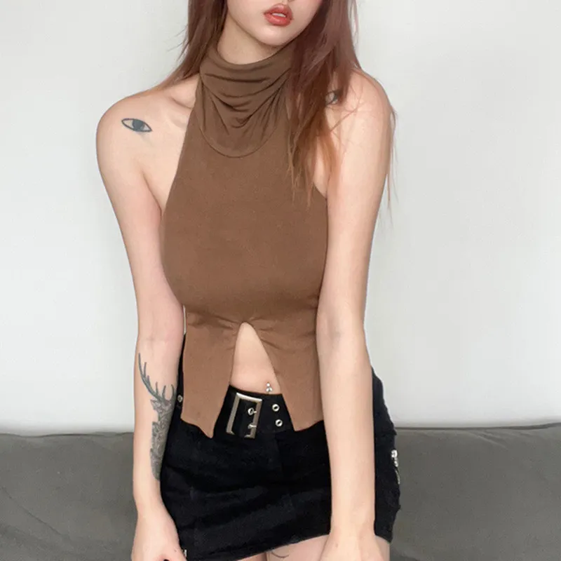 Pure Color High Collar Sexy Strapless Top Hollow Slit Knitting Short Vest 11 Pure Color High Collar Sexy Strapless Top Hollow Slit Knitting Short Vest - Image 9