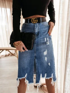 Spring Summer Women's High Waist Front Slit Denim Long Skirt -Women Fashion Shop d907cb81d5f2f83b
