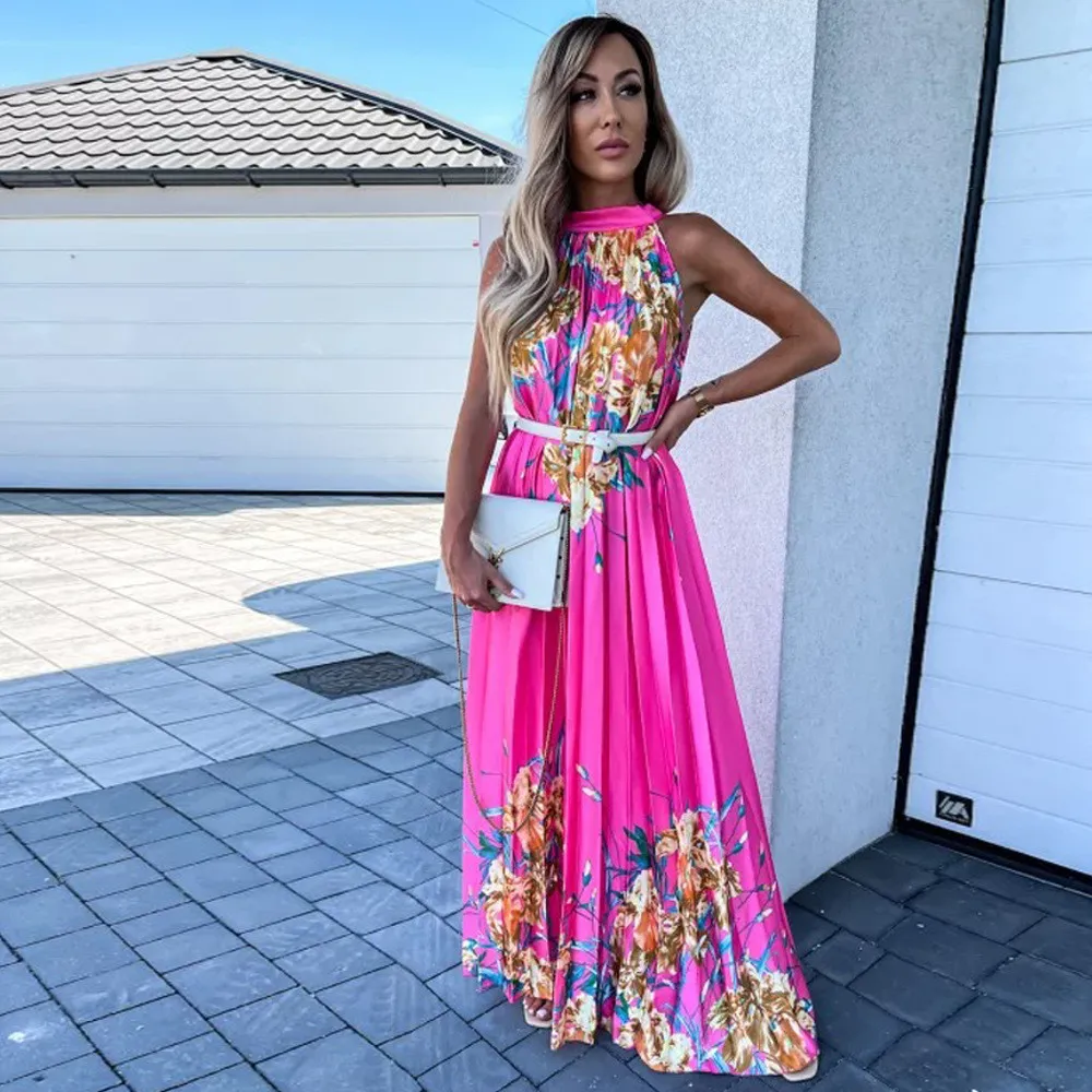 Summer Women's Fashion Print Halter Neck Sleeveless Pleated Swing Dress 16 Summer Women's Fashion Print Halter Neck Sleeveless Pleated Swing Dress - Image 14