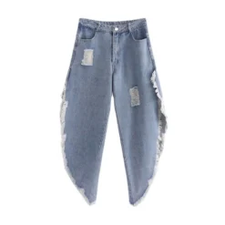 Women's Fashion Autumn Trendy High Waist Slim Fit Denim Tassel Ripped Wide Leg Pants -Women Fashion Shop da33df81a7739468