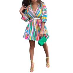 Women Striped V-neck Sexy Belted Dress -Women Fashion Shop dac8b5d19c4bdf37