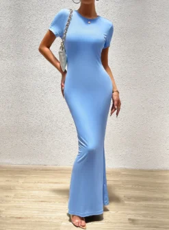 Women Elegant Solid Round Neck Short Sleeve Dress -Women Fashion Shop db4853cc37c1552c