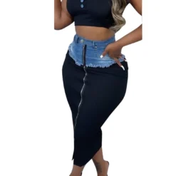 Women'S Casual Fashion Style Patchwork Tassel Denim Slit Skirt -Women Fashion Shop db5c130f6711519b