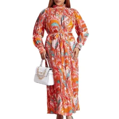 Plus Size Women'S Fall Winter Long Sleeve Printed Pleated Belt Maxi Dress -Women Fashion Shop db7ef813aa15a139