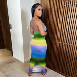 Women Clothes Rainbow Stripe Print Slit Slim Waist Strap Long Dress -Women Fashion Shop dbfb792c819cacc5