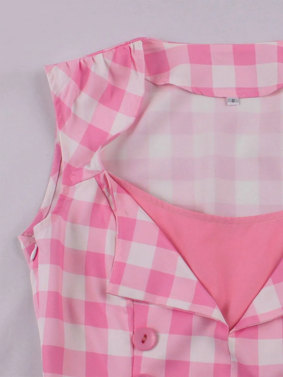 Women's Slim Waist Patchwork Sleeveless Pink Plaid Vintage A-Line Swing Dress 3 Women's Slim Waist Patchwork Sleeveless Pink Plaid Vintage A-Line Swing Dress