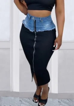 Women'S Casual Fashion Style Patchwork Tassel Denim Slit Skirt -Women Fashion Shop dc6a85f4035e4704