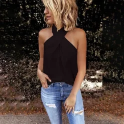 Women Casual Halter Neck Solid Sleeveless Top -Women Fashion Shop dd19b93b534460bb