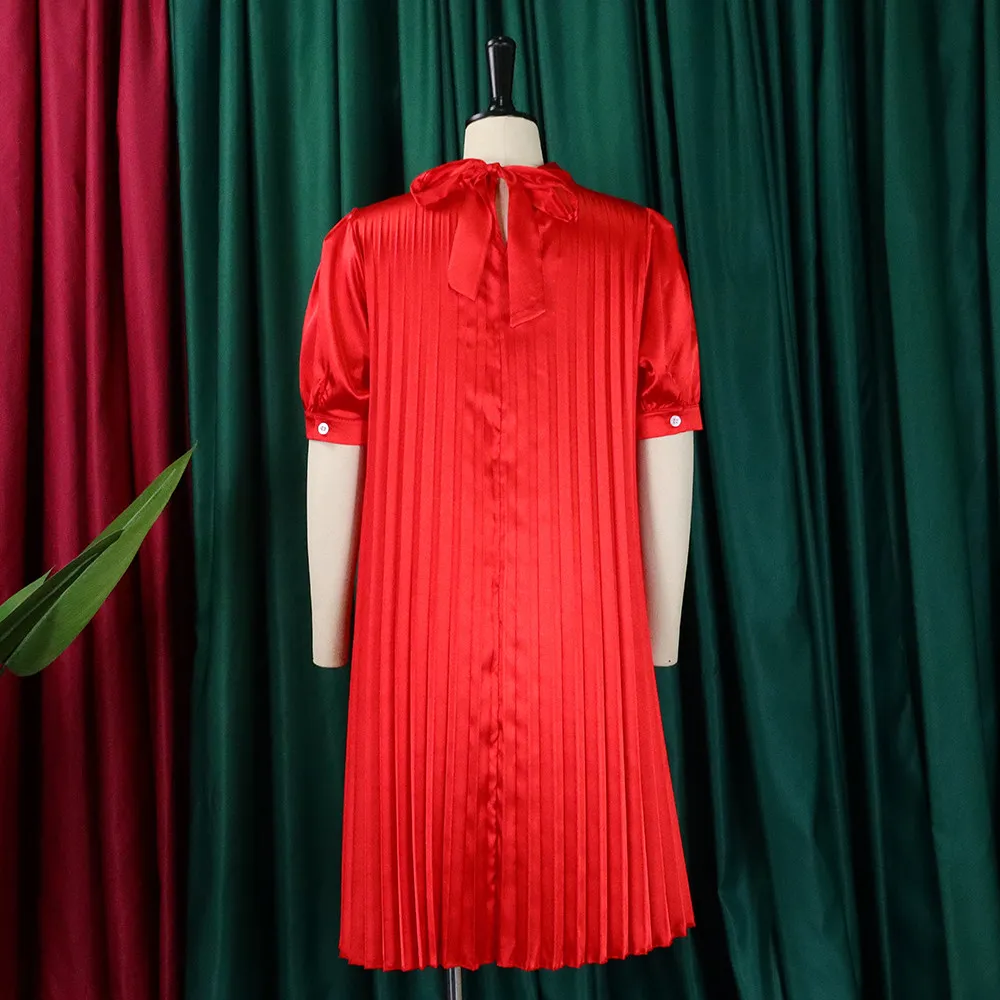 Plus Size Women's Summer Fashion Loose Casual Lace-Up Pleated Dress 17 Plus Size Women's Summer Fashion Loose Casual Lace-Up Pleated Dress - Image 15