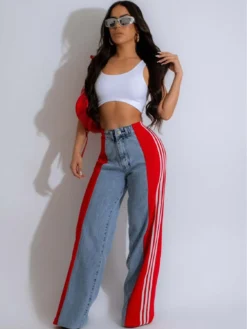 Summer Fashion Patchwork Three Stripes Wide Leg Denim Pants Women's Casual High Waist Stretch Straight Jeans -Women Fashion Shop deb984333a895860