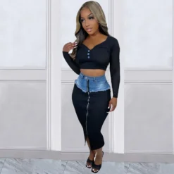 Women'S Casual Fashion Style Patchwork Tassel Denim Slit Skirt -Women Fashion Shop dfceca4a369c0413