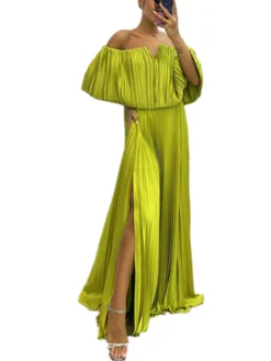 Winter And Spring Pleated Off Shoulder Slit Elegant Sexy Dress For Women