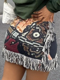 Women Autumn Casual Multi-Color Printed Tassel Mini Skirt -Women Fashion Shop e051386b0823d174