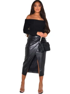 Women's Chic Pu Leatherwinter And Spring High Waist Slit Irregular Versatile Midi Skirt -Women Fashion Shop e05500559e74dde1