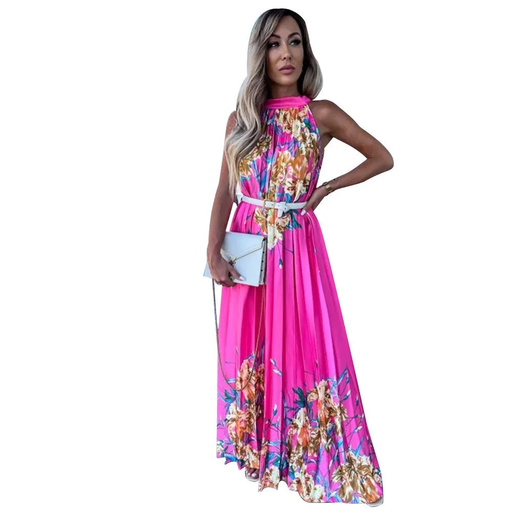 Summer Women's Fashion Print Halter Neck Sleeveless Pleated Swing Dress 4 Summer Women's Fashion Print Halter Neck Sleeveless Pleated Swing Dress - Image 2
