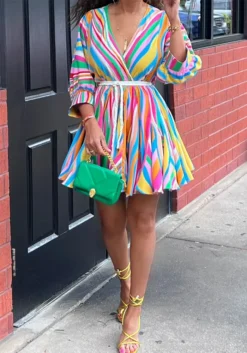 Women Striped V-neck Sexy Belted Dress -Women Fashion Shop e1429892f4f3e267