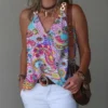 Women Summer Simple V-Neck Metal Buckle Printed Vest Top -Women Fashion Shop e15356f029415943