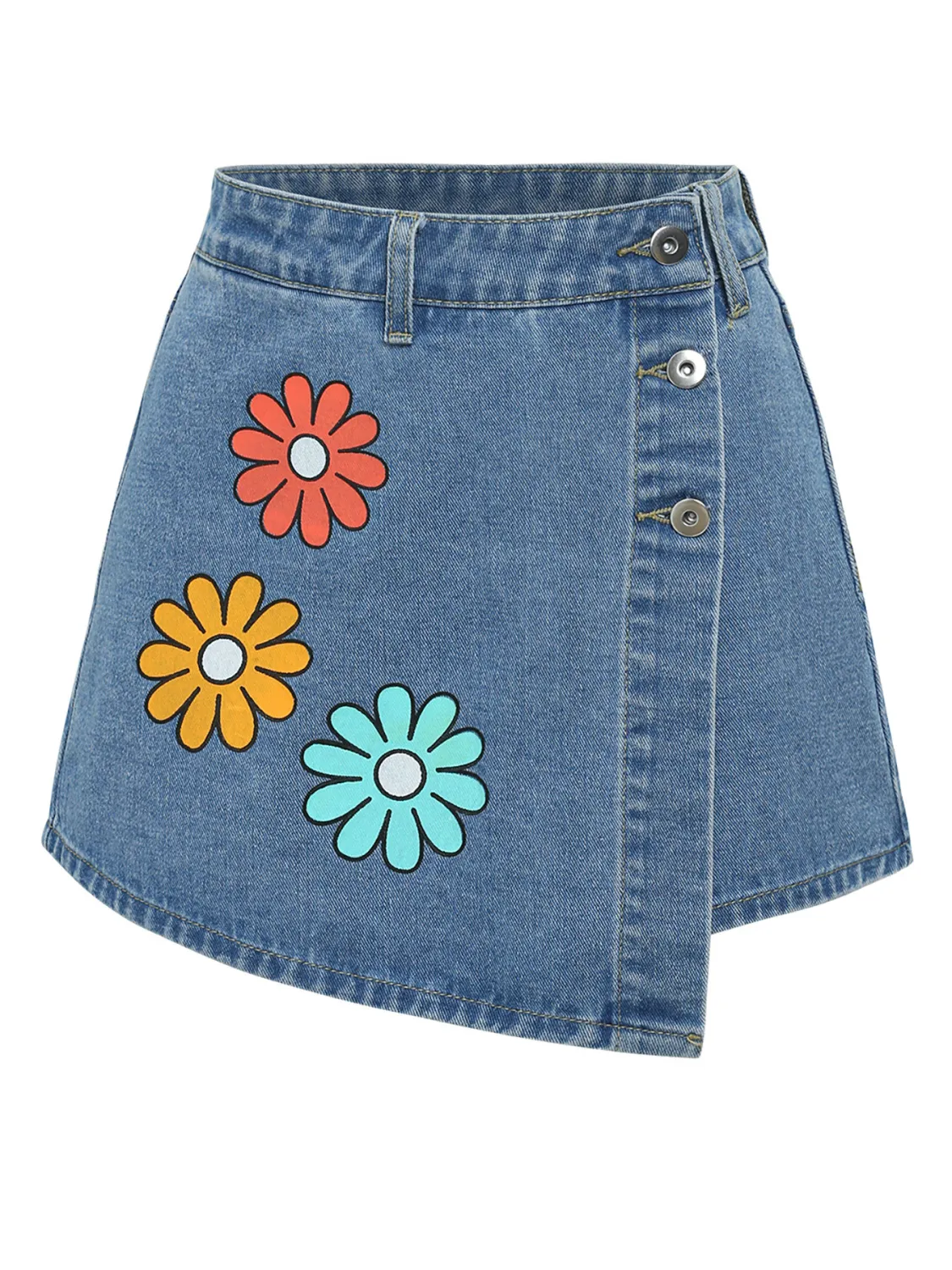 Women Multi-Color Floral Print Asymmetric Denim Skirt 8 Women Multi-Color Floral Print Asymmetric Denim Skirt - Image 6