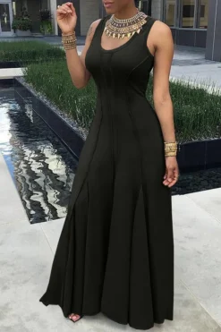 Women's Spring Summer Solid Color Sleeveless U-Neck Swing Women's Dress -Women Fashion Shop e24036fd7523037f