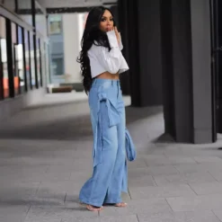 Lace-Up Pocket Wide Leg Straight Washed Denim Pants -Women Fashion Shop e262033c304659f8