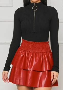 Ladies Fashion Sexy Pu Leather Pleated Double Layer Puffed Skirt -Women Fashion Shop e2c075f1f4430b26