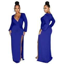 Autumn Long Sleeve V-Neck Solid Color Sexy Slit Long Dress -Women Fashion Shop e3654f443d4fee1d
